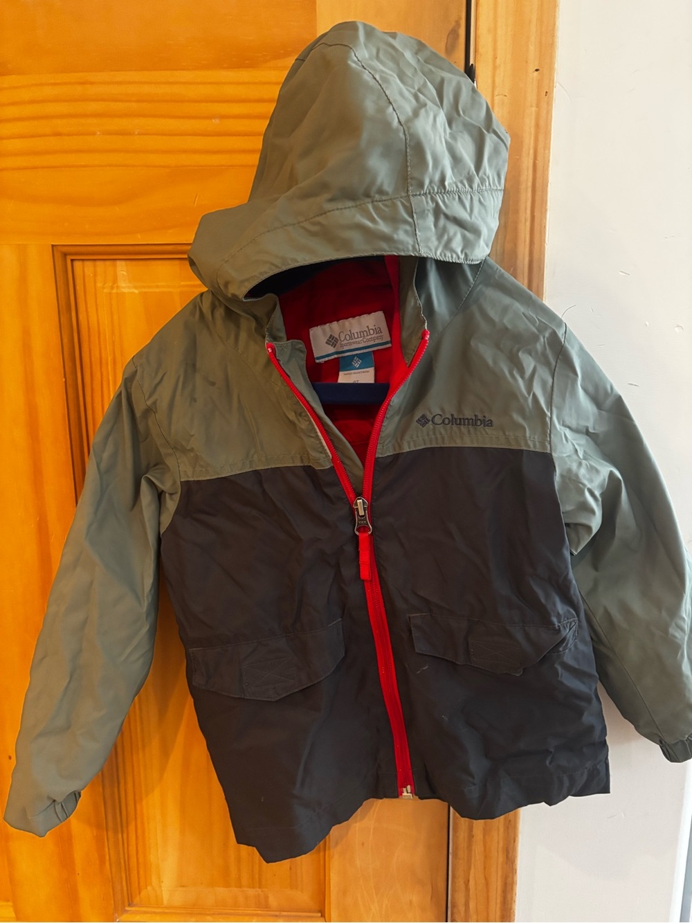Columbia Kids Hooded Two-Tone Rain Jacket in Olive Green & Black with Red Zip